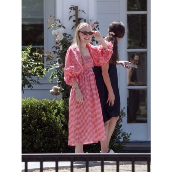 770. SLEEPER Atlanta Gingham Red Smocked Midi Dress $320 NWT Small - Picture 4 of 4